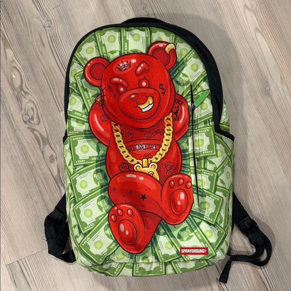 Sprayground Red and Green Money Bear Backpack
